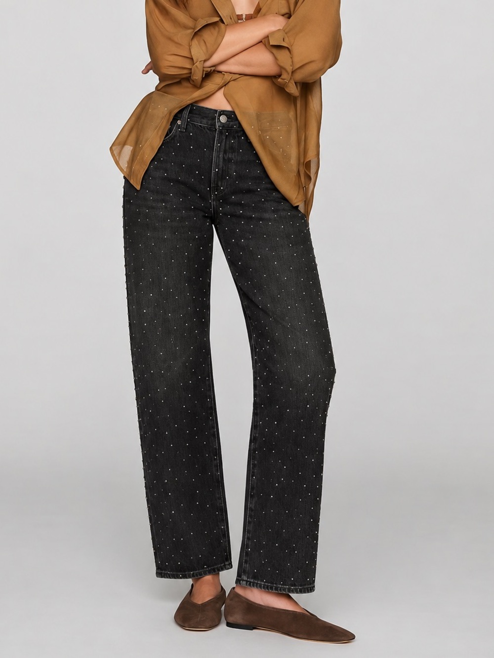 Anthropologie Pistola Lexi Silverscreen Crystal Studded Barrel Bowed Jeans